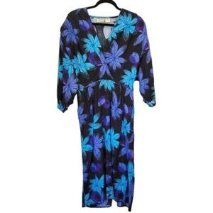 Adini Vintage | Tropical Leaf Berry Printed Surplice Neckline Maxi Dress Blue